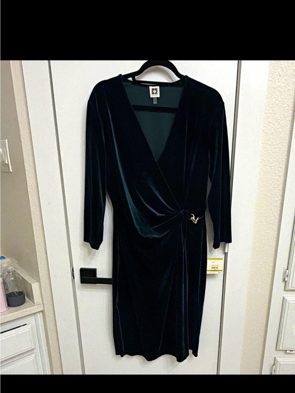 Anne Klein Dark Green Velvet Wrap Dress with Gold Accent